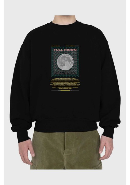 Full Moon Yazılı Ön Baskılı Siyah Oversize Sweatshirt Erkek Kadın Bisiklet Yaka fiyatları