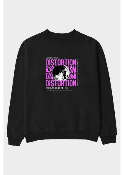 Distortion Ön Baskılı Siyah Oversize Sweatshirt Erkek Kadın Bisiklet Yaka