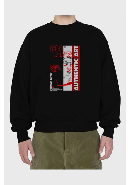 Authentic Art Ön Baskılı Siyah Oversize Sweatshirt Erkek Kadın Bisiklet Yaka fiyatları