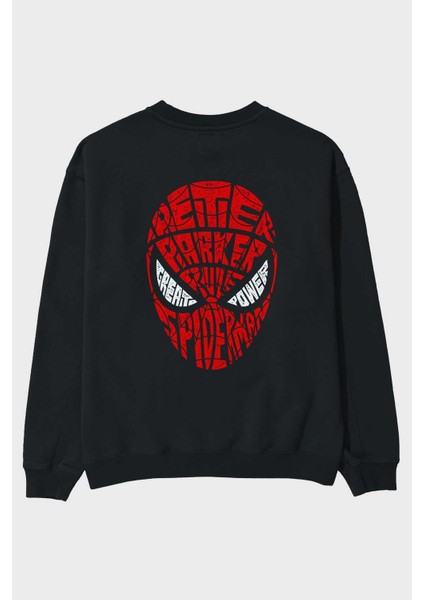 Spiderman Arka Baskılı Siyah Oversize Sweatshirt Erkek Kadın Bisiklet Yaka