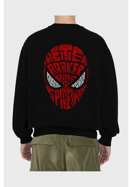 Spiderman Arka Baskılı Siyah Oversize Sweatshirt Erkek Kadın Bisiklet Yaka fiyatları