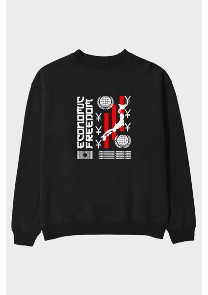 Economic Freedom Ön Baskılı Siyah Oversize Sweatshirt Erkek Kadın Bisiklet Yaka