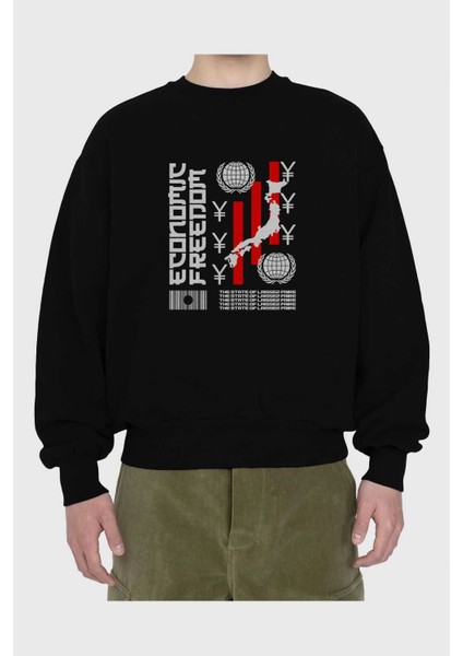 Economic Freedom Ön Baskılı Siyah Oversize Sweatshirt Erkek Kadın Bisiklet Yaka fiyatları