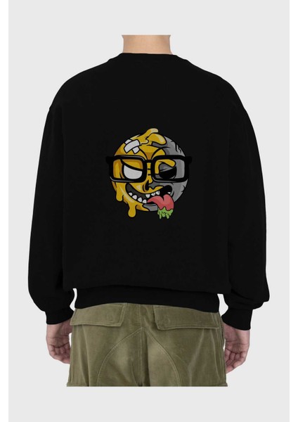 Smiley Nerd Arka Baskılı Siyah Oversize Sweatshirt Erkek Kadın Bisiklet Yaka fiyatları