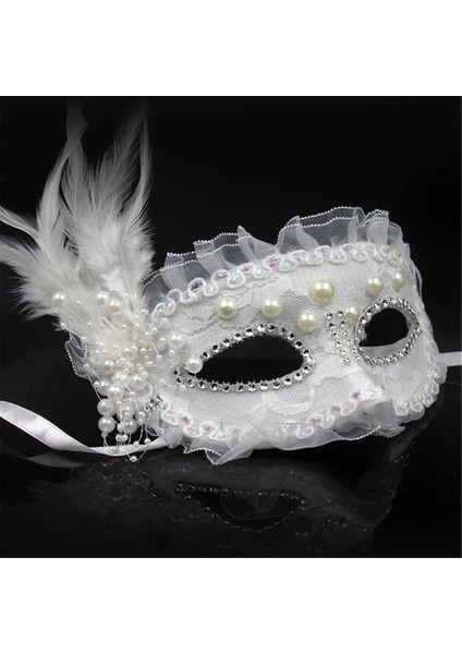 Beyaz Tüylü Inci Taşlı Dantelli Parti Maskesi fiyatları