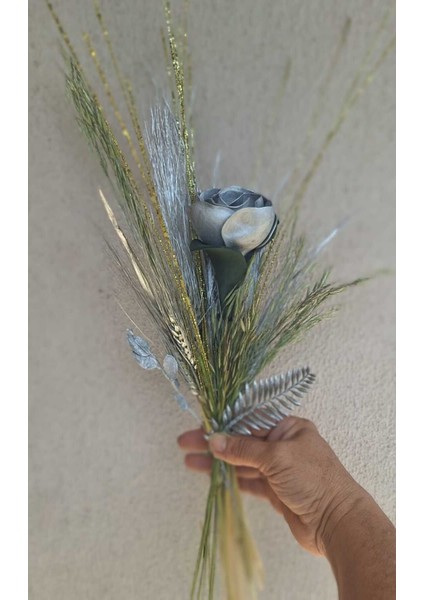 Gümüş Renkli Gelin El Buketi ve Hediye Demet, Yapay ve Kuru Çiçek, Yükseklik 31-45 cm