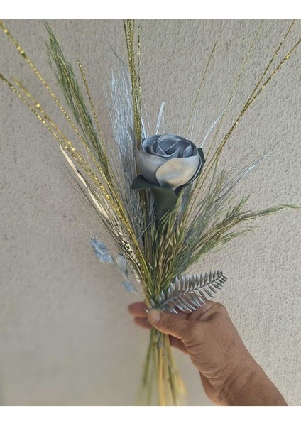 Gümüş Renkli Gelin El Buketi ve Hediye Demet, Yapay ve Kuru Çiçek, Yükseklik 31-45 cm