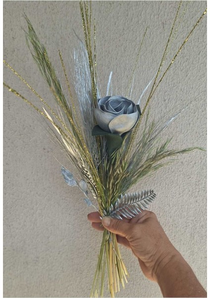 Gümüş Renkli Gelin El Buketi ve Hediye Demet, Yapay ve Kuru Çiçek, Yükseklik 31-45 cm