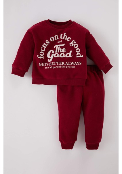 Erkek Bebek 2'li Takım Selanik Kumaş Bisiklet Yaka Baskılı Sweatshirt Beli Lastikli Eşofman Altı D7420A524WN