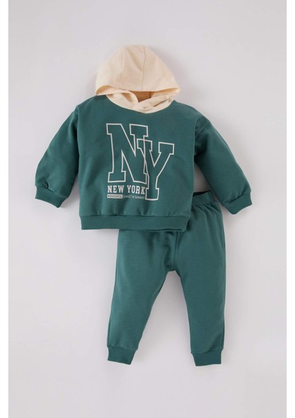 Erkek Bebek 2'li Takım Kapüşonlu Baskılı Sweatshirt Beli Lastikli Eşofman Altı D6876A524WN
