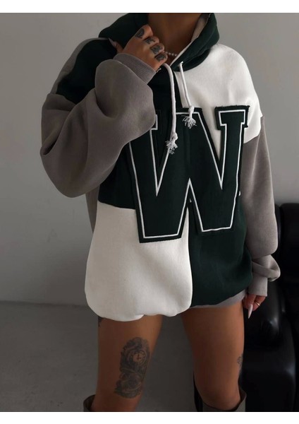 W Nakış Işlemeli Kapüşonlu Sweatshirt - Yeşil