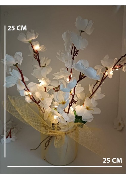 Bahar Dalı Yapay Çiçek, Beyaz, Işıklı, Tül Süsleme, Yükseklik 11-30 cm