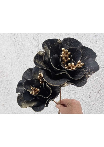 El Yapımı Siyah Lateks Vazo ve Çiçek Seti, 31-45 cm, Tek Dal, Gold Detayli