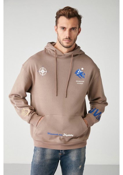 Nws Erkek Içi Polarlı Çok Pozisyonlu Baskılı Kapüşonlu Kordonlu Vizon Sweatshirt