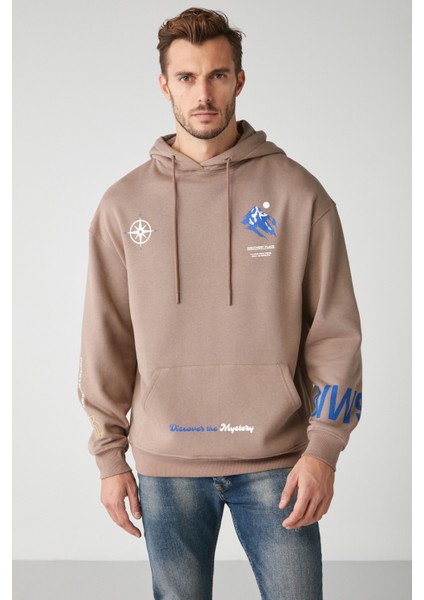 Nws Erkek Içi Polarlı Çok Pozisyonlu Baskılı Kapüşonlu Kordonlu Vizon Sweatshirt