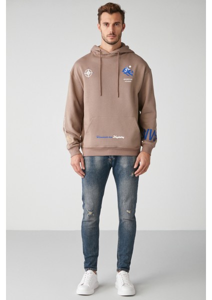 Nws Erkek Içi Polarlı Çok Pozisyonlu Baskılı Kapüşonlu Kordonlu Vizon Sweatshirt