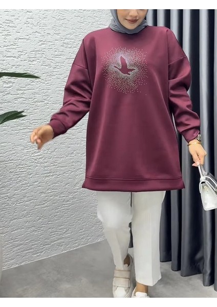 Kuş Işlemeli Uzun Sweatshirt