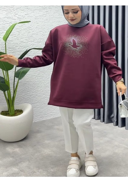 Kuş Işlemeli Uzun Sweatshirt modelleri