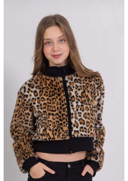 Leopar Desenli Fermuarlı Yumuşak Dokulu Crop Kız Çocuk Peluş Ceket