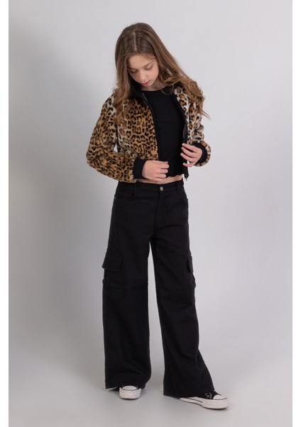 Leopar Desenli Fermuarlı Yumuşak Dokulu Crop Kız Çocuk Peluş Ceket fiyatları
