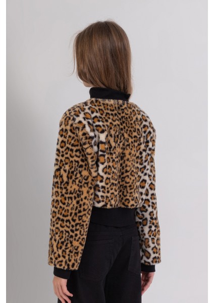 Leopar Desenli Fermuarlı Yumuşak Dokulu Crop Kız Çocuk Peluş Ceket modelleri