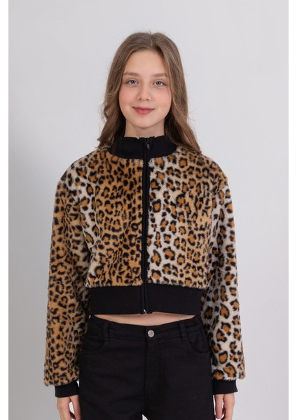 Leopar Desenli Fermuarlı Yumuşak Dokulu Crop Kız Çocuk Peluş Ceket fırsatları