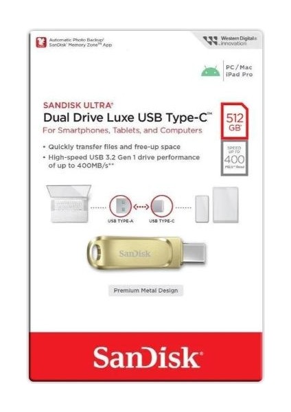 Ultra Dual Drive Luxe 512GB SDDDC4-512G-G46GD Type-C Gold USB Bellek