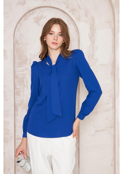 Büzgü Kol Fularlı Gömlek Saks