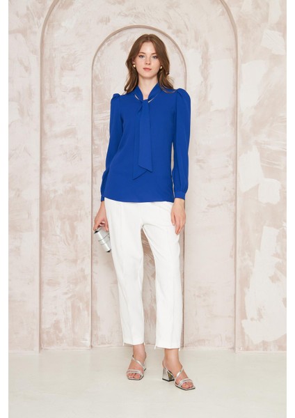 Büzgü Kol Fularlı Gömlek Saks modelleri