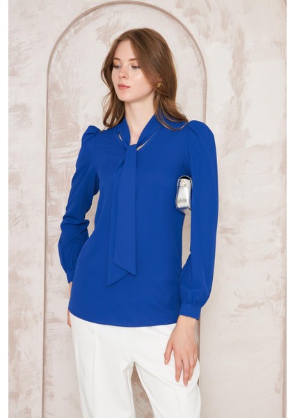 Büzgü Kol Fularlı Gömlek Saks indirimleri