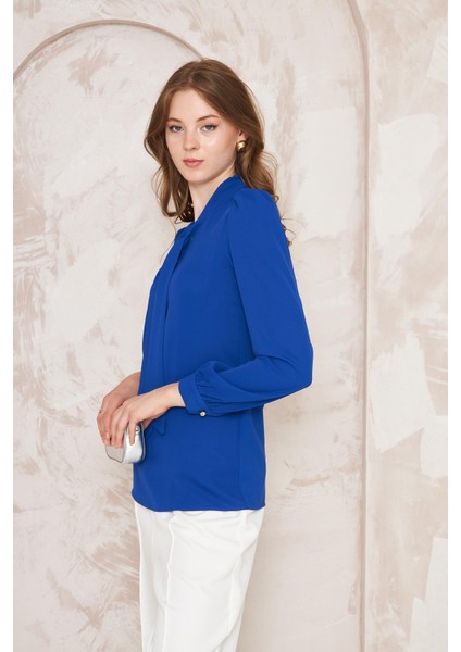 Büzgü Kol Fularlı Gömlek Saks