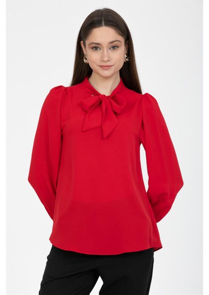 Büzgü Kol Fularlı Gömlek Kırmızı