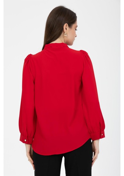 Büzgü Kol Fularlı Gömlek Kırmızı modelleri