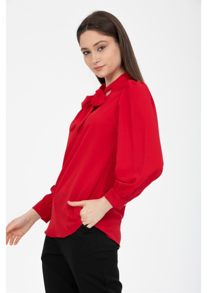 Büzgü Kol Fularlı Gömlek Kırmızı fırsatları
