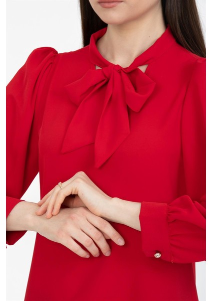 Büzgü Kol Fularlı Gömlek Kırmızı indirimleri