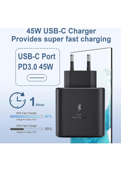 45W USB C Şarj Adaptörü Samsung Galaxy S23+, S23 Ultra, S22+, S22 Ultra, S21 Ultra 5g, NOTE10+, Galaxy Tab Için Hızlı Şarj Adaptörü , Ultra Hızlı 45W Şarj Cihazı