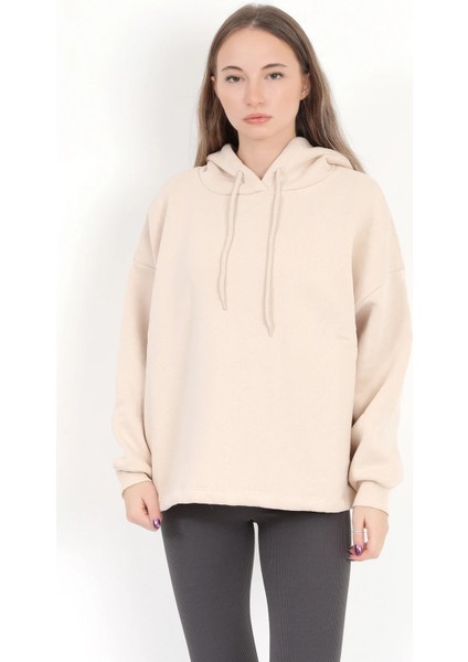 Kadın Bej Kapüşonlu Şardonlu 3 İp Eteği Stoperli Ribanalı Oversize Sweatshirt Hoodie - 5085