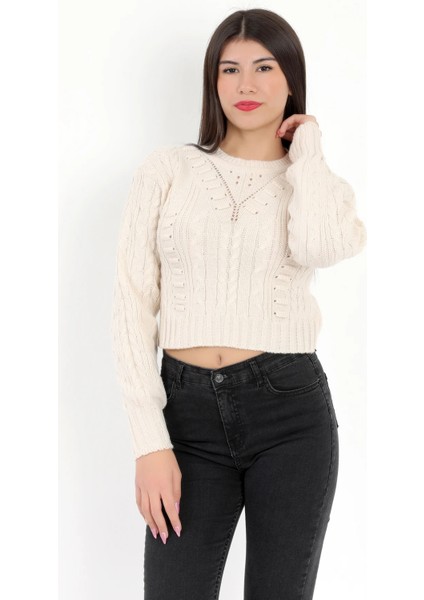 Kadın Ekru Gofreli Crop Triko Kazak - 1556 fiyatları