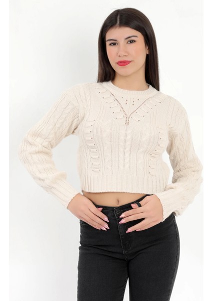 Kadın Ekru Gofreli Crop Triko Kazak - 1556 fırsatları