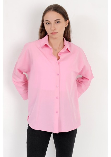 Kadın Toz Pembe Uzun Kollu Basic Pamuklu Oversize Gömlek - 3900