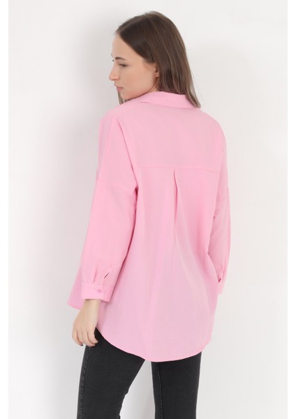 Kadın Toz Pembe Uzun Kollu Basic Pamuklu Oversize Gömlek - 3900