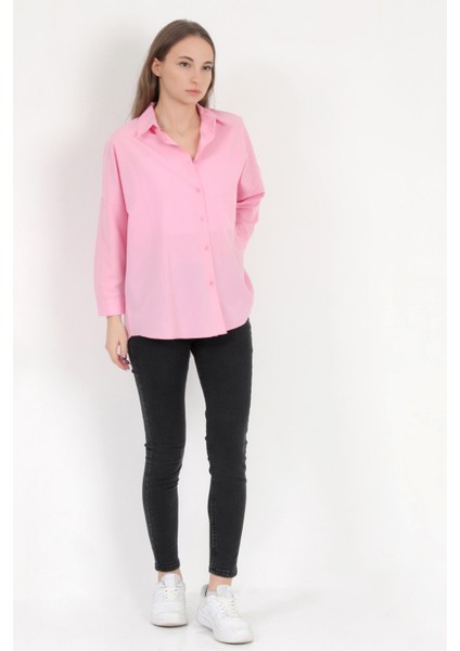 Kadın Toz Pembe Uzun Kollu Basic Pamuklu Oversize Gömlek - 3900