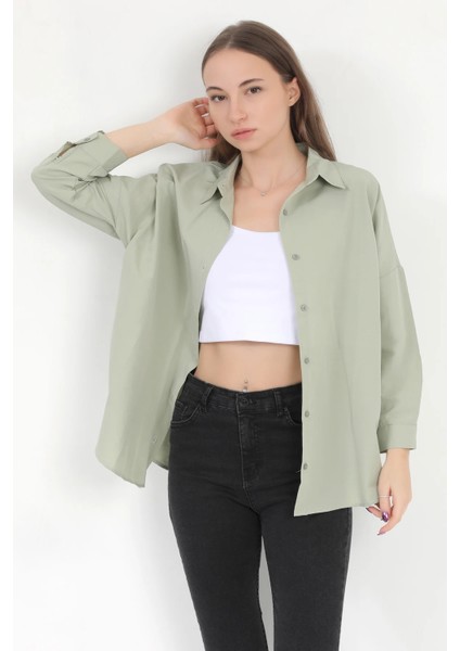 Kadın Yeşil Uzun Kollu Basic Pamuklu Oversize Gömlek - 3900