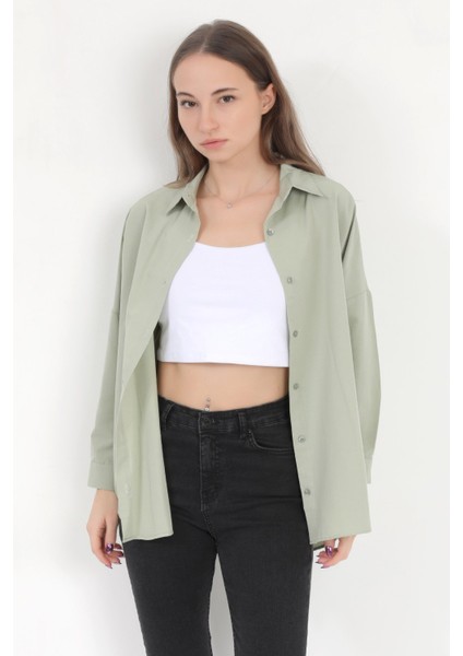 Kadın Yeşil Uzun Kollu Basic Pamuklu Oversize Gömlek - 3900