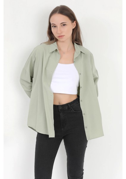 Kadın Yeşil Uzun Kollu Basic Pamuklu Oversize Gömlek - 3900