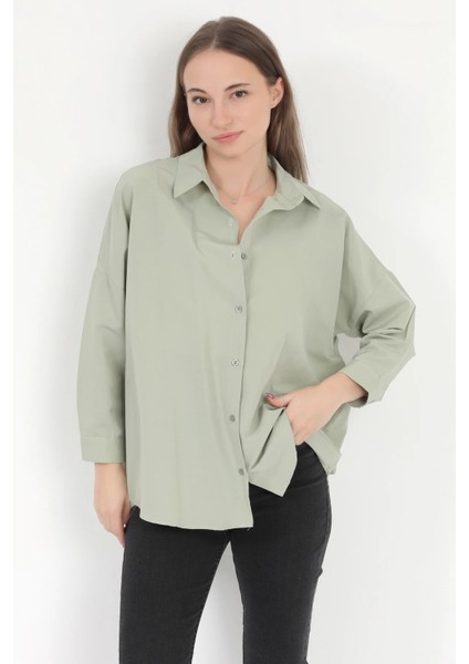 Kadın Yeşil Uzun Kollu Basic Pamuklu Oversize Gömlek - 3900