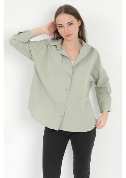 Kadın Yeşil Uzun Kollu Basic Pamuklu Oversize Gömlek - 3900
