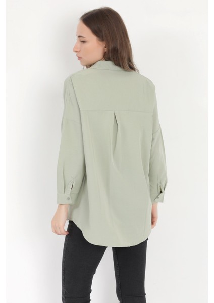 Kadın Yeşil Uzun Kollu Basic Pamuklu Oversize Gömlek - 3900