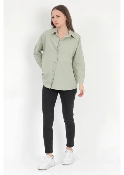 Kadın Yeşil Uzun Kollu Basic Pamuklu Oversize Gömlek - 3900