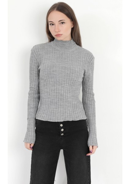Kadın Gri Balıkçı Yaka Fitilli Triko Body - 4054-3